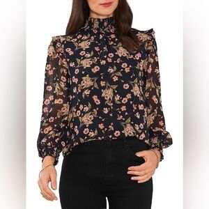 1.STATE Floral Print Ruffle Blouse Black Multi S NWT - Whimsigoth Office Siren